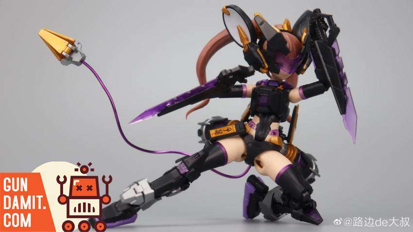 MS General Shadow Rat mecha girl in crouching attack pose with purple blade and grapple hook weapon MS General Shadow Rat mecha girl in crouching attack pose with purple blade and grapple hook weapon