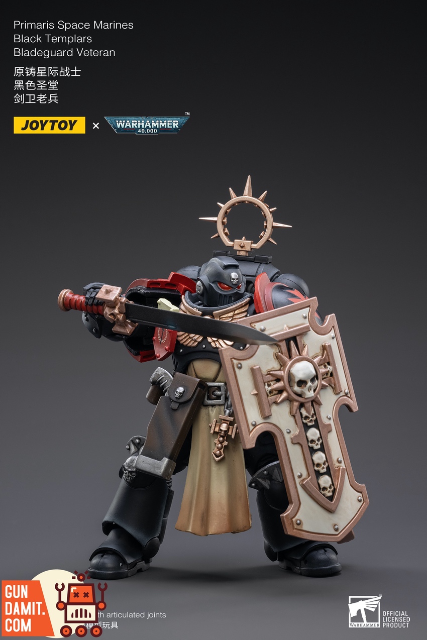 JoyToy Black Templars Bladeguard Veteran close-up front view showing crusade heraldry JoyToy Black Templars Bladeguard Veteran close-up front view showing crusade heraldry