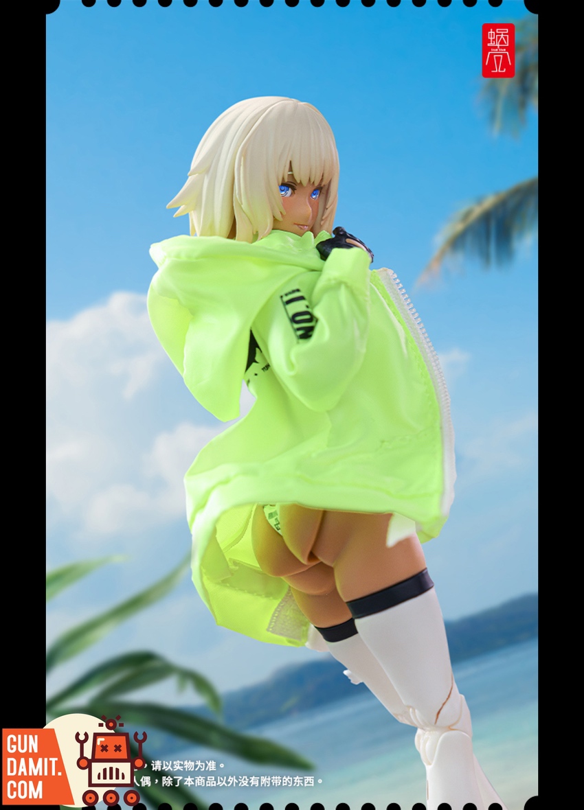 Snail Shell fluorescent yellow-green coat on mecha girl figure at beach scene rear view Snail Shell fluorescent yellow-green coat on mecha girl figure at beach scene rear view