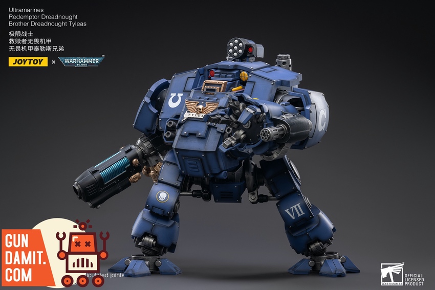 JoyToy Ultramarines Redemptor Dreadnought Tyleas three-quarter view showing plasma incinerator JoyToy Ultramarines Redemptor Dreadnought Tyleas three-quarter view showing plasma incinerator