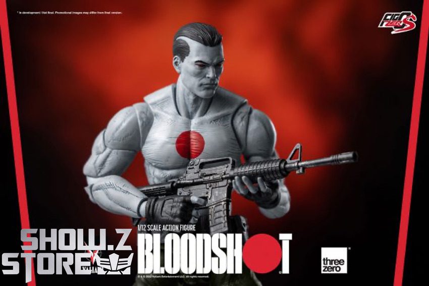 Threezero FigZero S Bloodshot figure close-up face and chest red circle detail Threezero FigZero S Bloodshot figure close-up face and chest red circle detail
