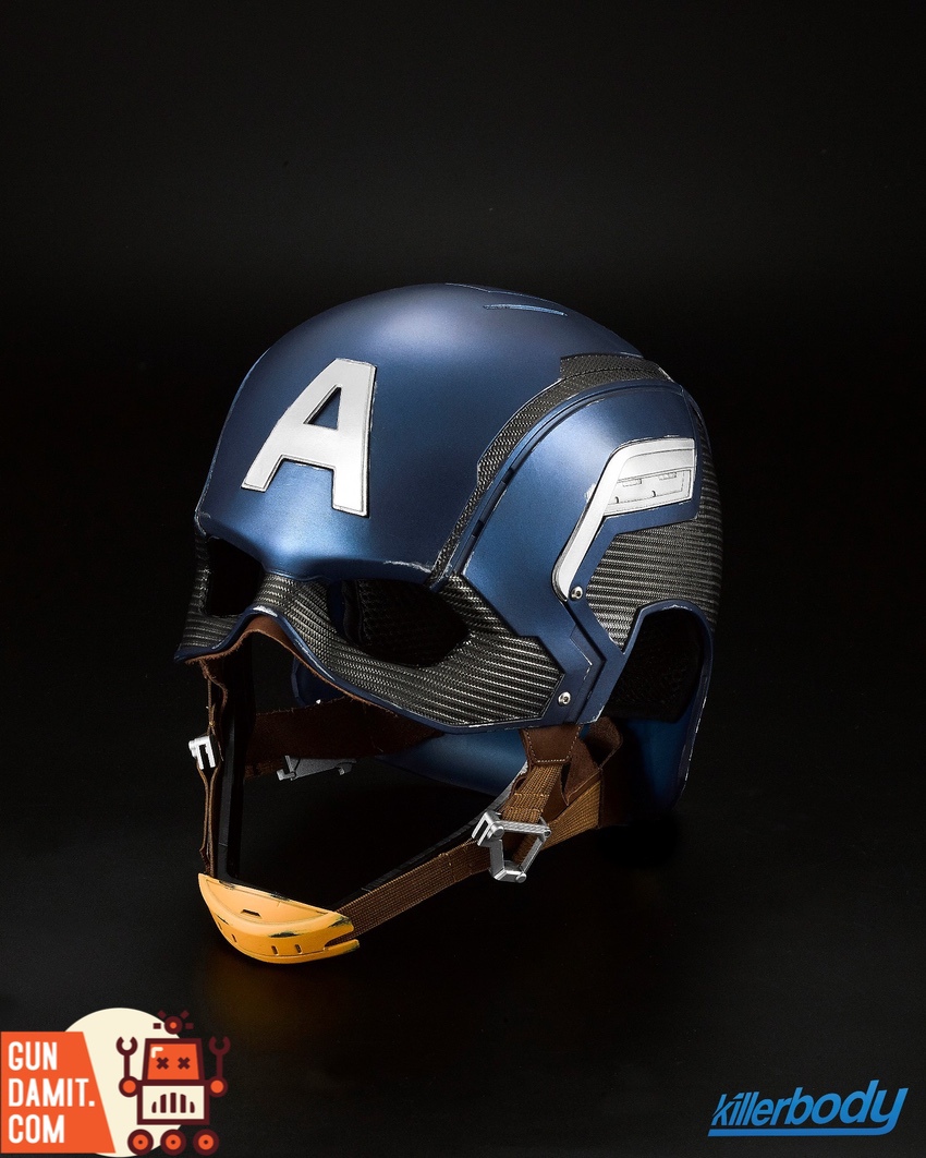 Killerbody Captain America helmet side angle showing carbon fiber texture and leather strap Killerbody Captain America helmet side angle showing carbon fiber texture and leather strap