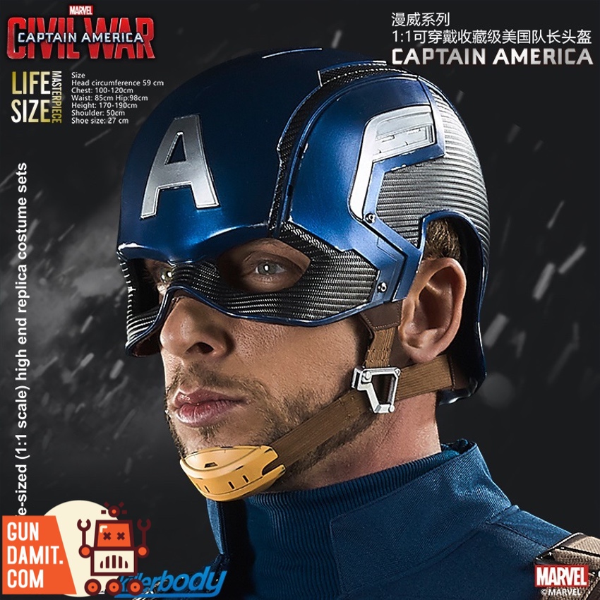 Killerbody Captain America helmet worn showing life-size Civil War design Killerbody Captain America helmet worn showing life-size Civil War design