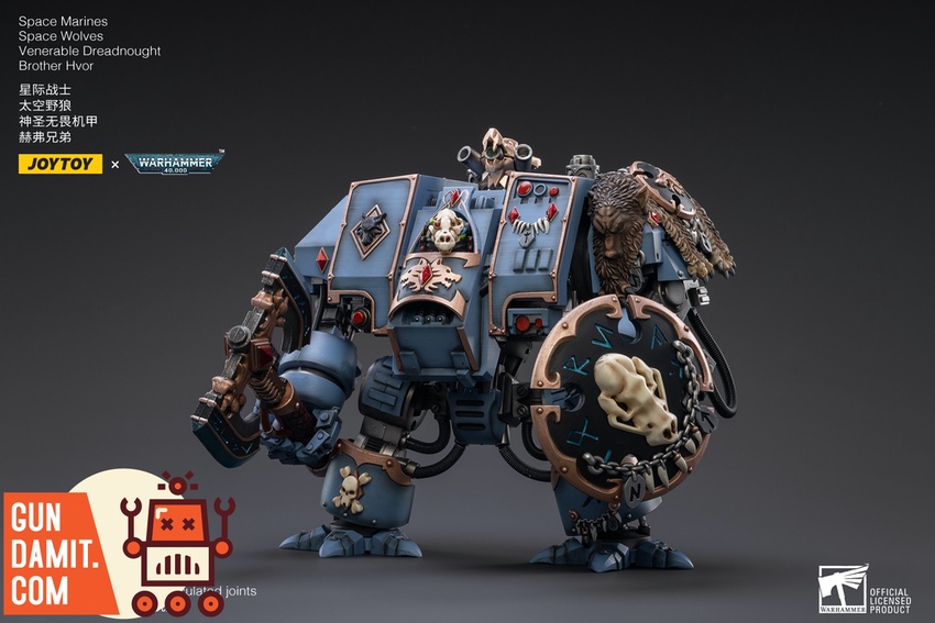 JoyToy Space Wolves Venerable Dreadnought Hvor three-quarter view with rune shield and wolf carvings JoyToy Space Wolves Venerable Dreadnought Hvor three-quarter view with rune shield and wolf carvings