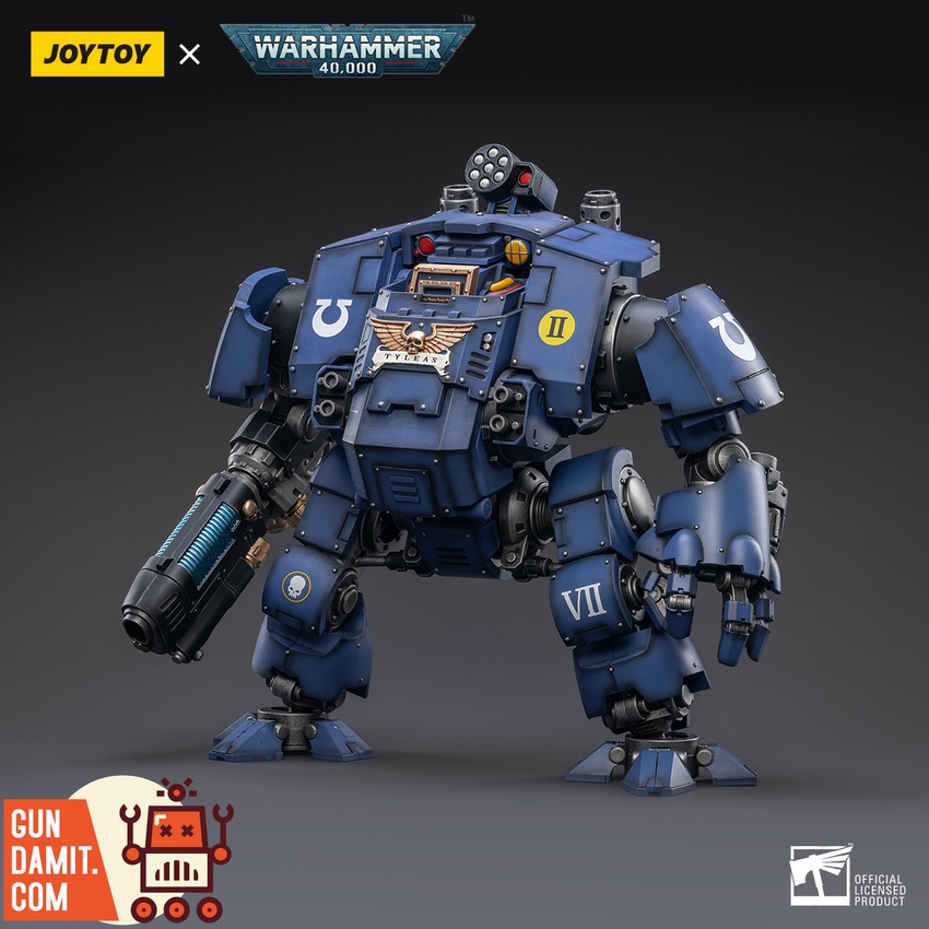 JoyToy 1/18 Warhammer 40K Ultramarines Redemptor Dreadnought Brother Tyleas front three-quarter view JoyToy 1/18 Warhammer 40K Ultramarines Redemptor Dreadnought Brother Tyleas front three-quarter view