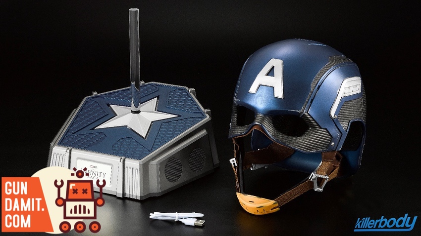 Killerbody Captain America helmet and base separated showing accessories and USB cable Killerbody Captain America helmet and base separated showing accessories and USB cable