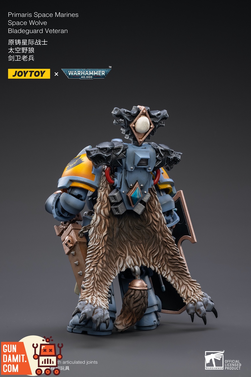 JoyToy Space Wolves Bladeguard Veteran rear view showing wolf pelt cloak and backpack JoyToy Space Wolves Bladeguard Veteran rear view showing wolf pelt cloak and backpack