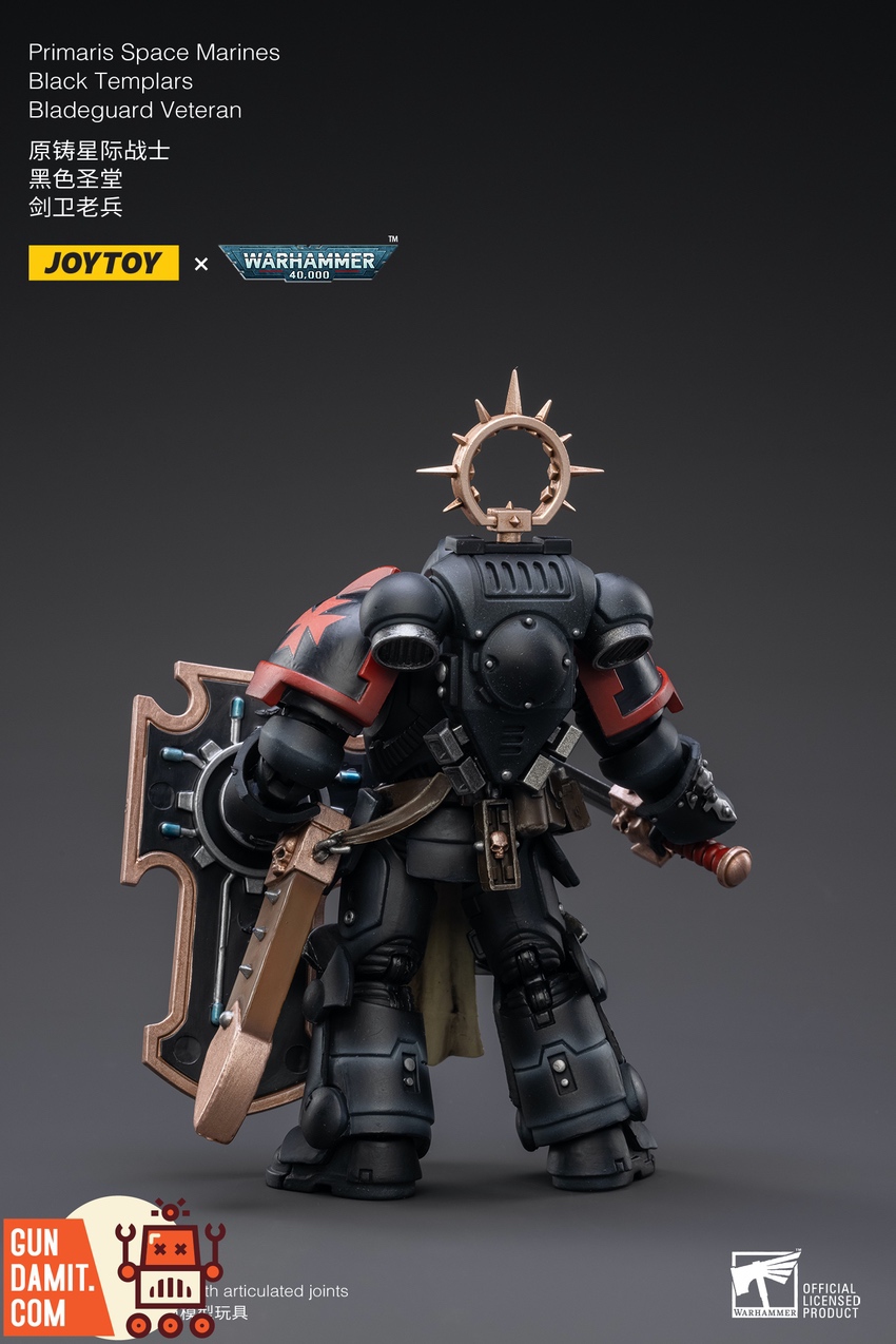 JoyToy Black Templars Bladeguard Veteran rear view showing backpack and cape detail JoyToy Black Templars Bladeguard Veteran rear view showing backpack and cape detail