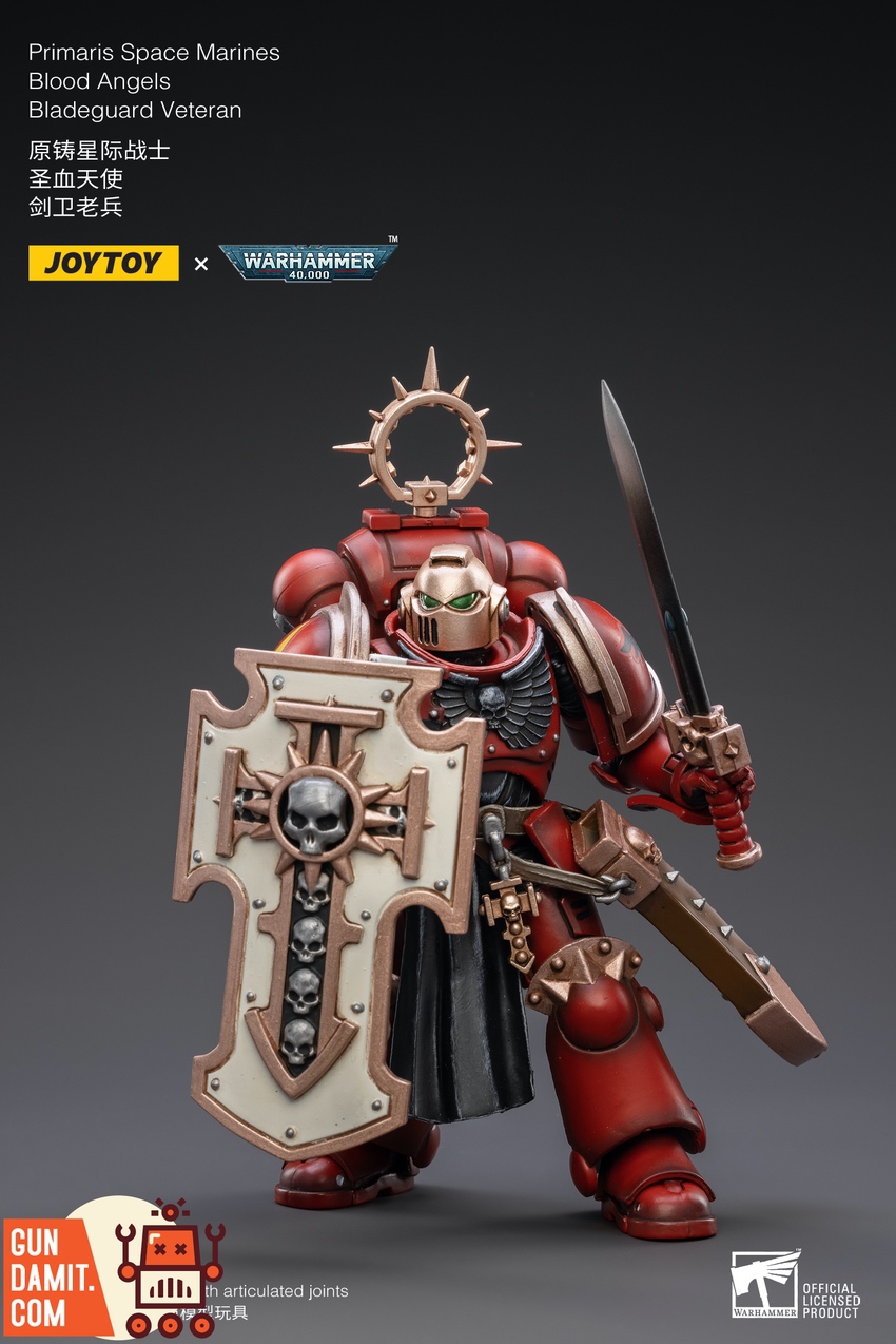 JoyToy Blood Angels Bladeguard Veteran action pose with power sword and shield JoyToy Blood Angels Bladeguard Veteran action pose with power sword and shield