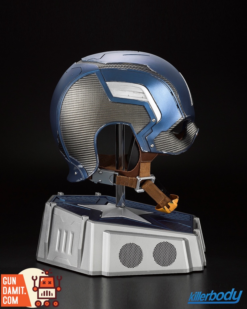 Killerbody Captain America helmet side view on display base with speaker grilles Killerbody Captain America helmet side view on display base with speaker grilles