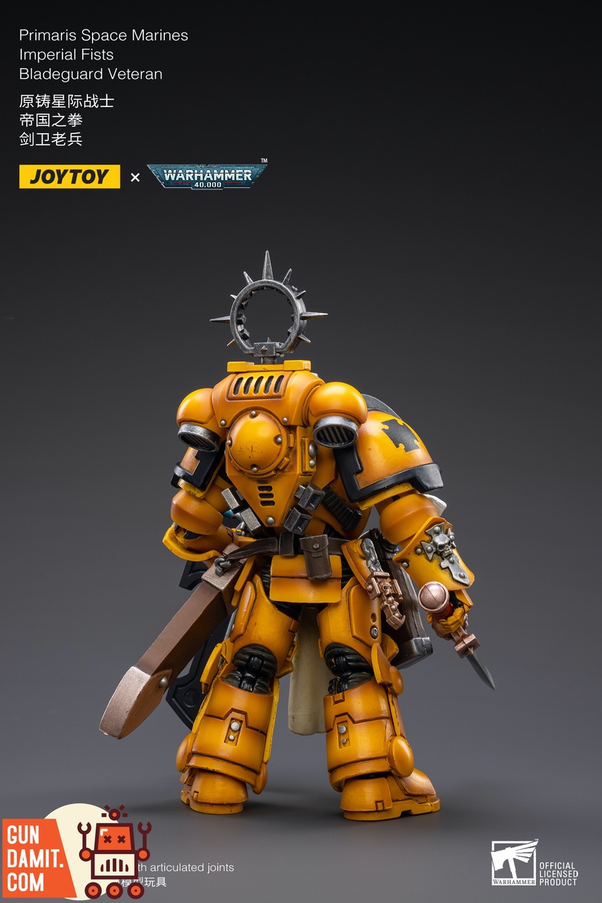 JoyToy Imperial Fists Bladeguard Veteran rear view showing yellow armor detail JoyToy Imperial Fists Bladeguard Veteran rear view showing yellow armor detail