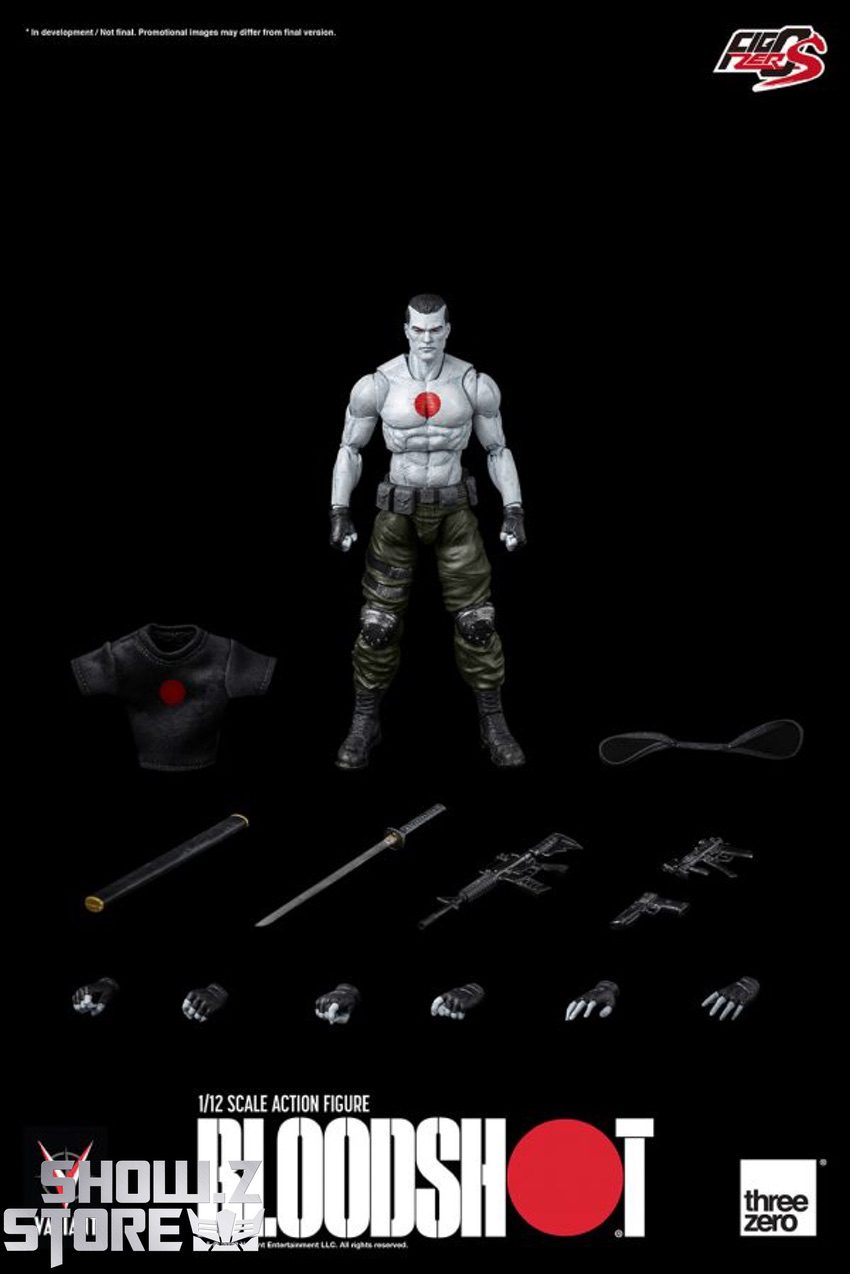 Threezero Bloodshot 1/12 figure close-up upper body dual pistols aiming Threezero Bloodshot 1/12 figure close-up upper body dual pistols aiming