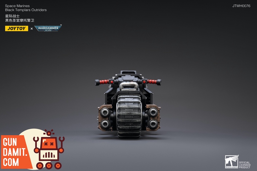 JoyToy Black Templars Outriders bike front view showing exhaust JoyToy Black Templars Outriders bike front view showing exhaust