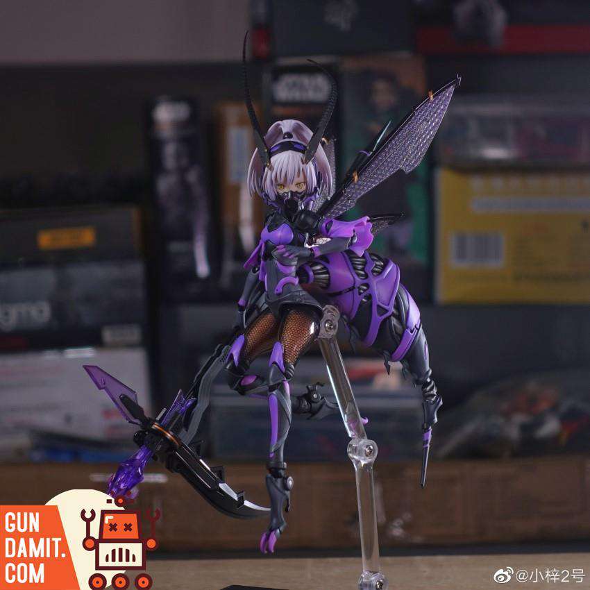 Rear angle of San-Ye figure in flight with masked face and purple energy crossbow weapon showing four translucent insect wings Rear angle of San-Ye figure in flight with masked face and purple energy crossbow weapon showing four translucent insect wings