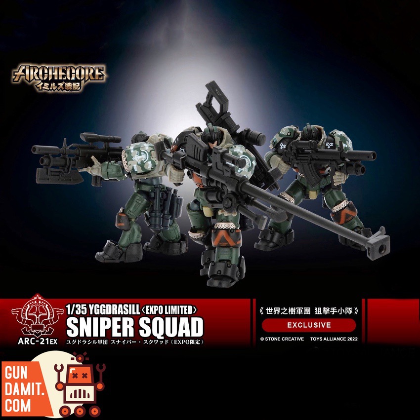 Toys Alliance 1/35 ARC-21EX Yggdrasill Sniper Squad three mecha figures with sniper rifles in action poses Toys Alliance 1/35 ARC-21EX Yggdrasill Sniper Squad three mecha figures with sniper rifles in action poses