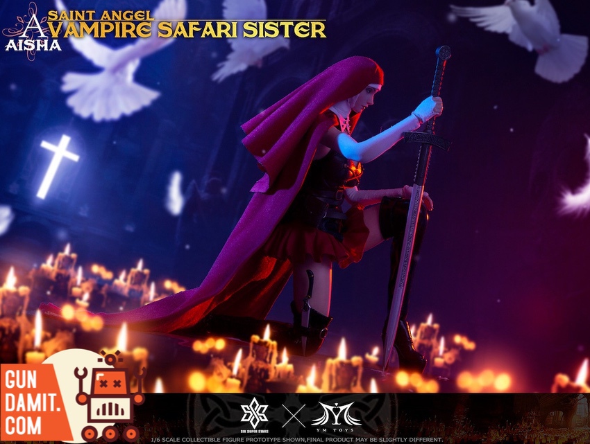 3STOYS Saint Angel Aisha Vampire Safari Sister in dynamic pose with greatsword in candlelit cathedral 3STOYS Saint Angel Aisha Vampire Safari Sister in dynamic pose with greatsword in candlelit cathedral