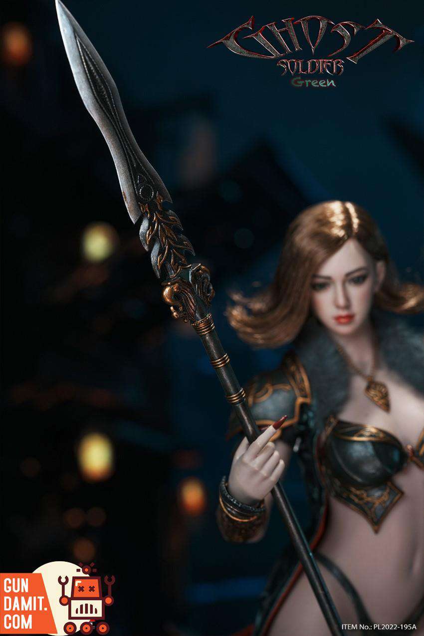 Ghost Soldier Green holding ornate spear weapon close-up Ghost Soldier Green holding ornate spear weapon close-up