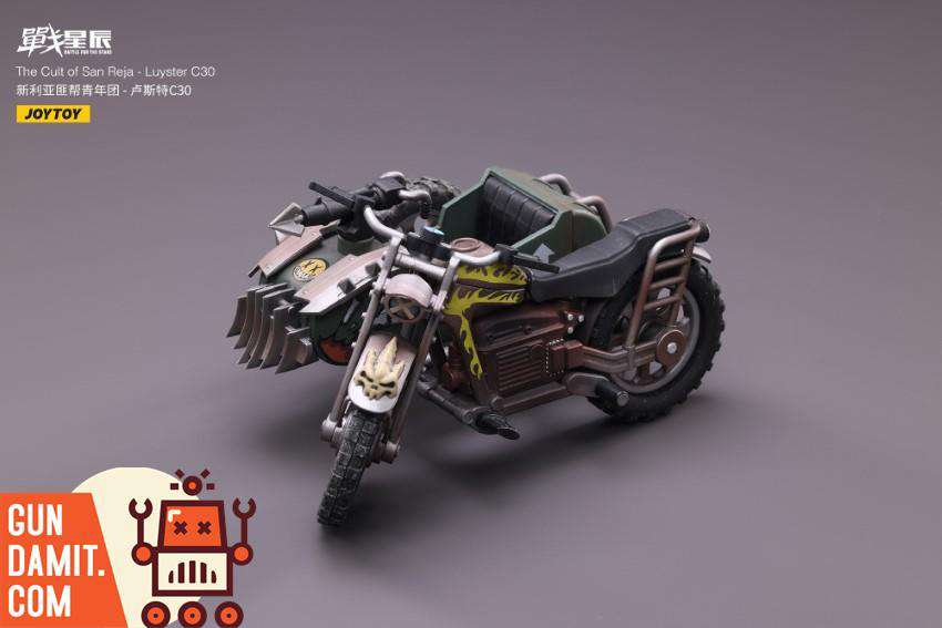 JoyToy Luyster C30 motorcycle sidecar three-quarter rear view showing details JoyToy Luyster C30 motorcycle sidecar three-quarter rear view showing details