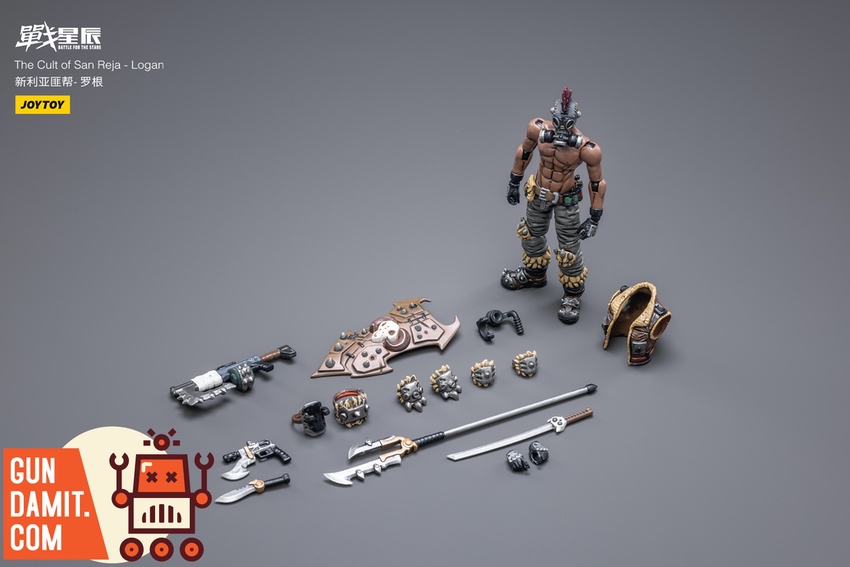Logan figure accessories layout with weapons shield and hands Logan figure accessories layout with weapons shield and hands