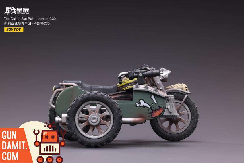 JoyToy 1/18 Cult of San Reja Luyster C30 sidecar motorcycle left side view JoyToy 1/18 Cult of San Reja Luyster C30 sidecar motorcycle left side view