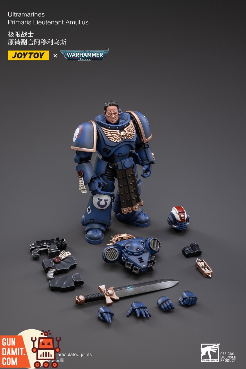JoyToy Amulius figure close-up showing iron halo and Ultramarines insignia JoyToy Amulius figure close-up showing iron halo and Ultramarines insignia