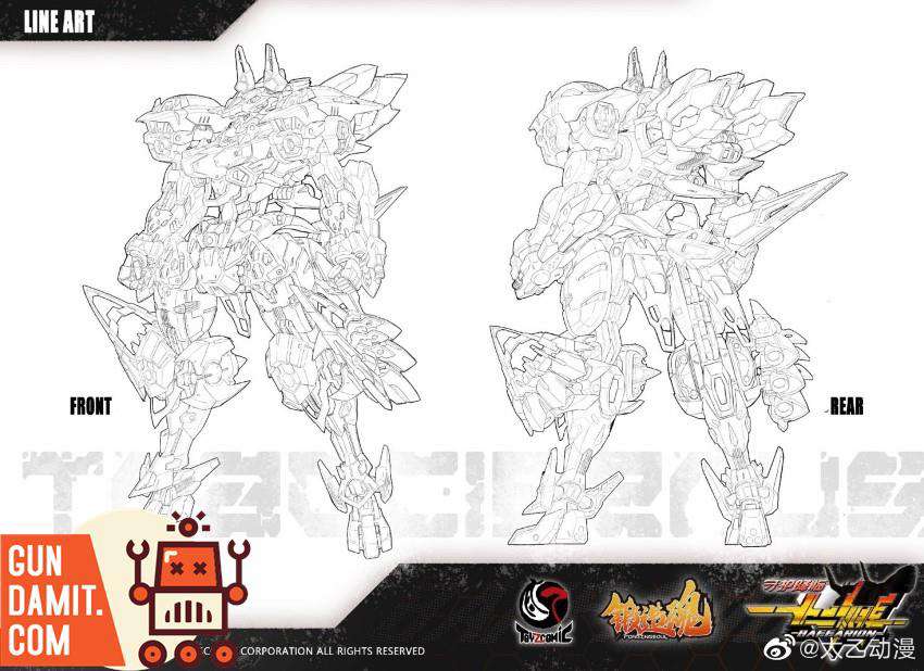 Baffarion Traccia Cerberus mecha model kit detailed line art front and rear views Baffarion Traccia Cerberus mecha model kit detailed line art front and rear views