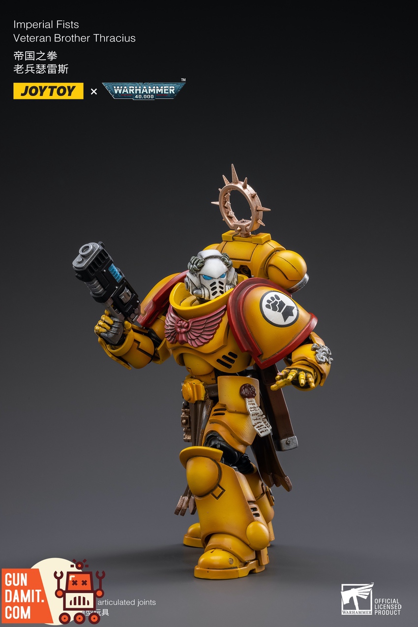 Imperial Fists Thracius figure showing yellow armor and fist chapter emblem on shield Imperial Fists Thracius figure showing yellow armor and fist chapter emblem on shield