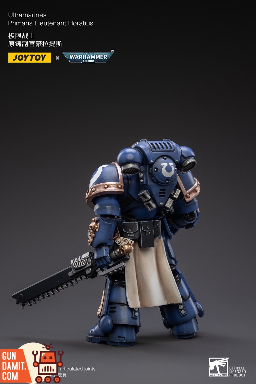 JoyToy Warhammer 40K Horatius figure rear view showing blue power armor detail JoyToy Warhammer 40K Horatius figure rear view showing blue power armor detail