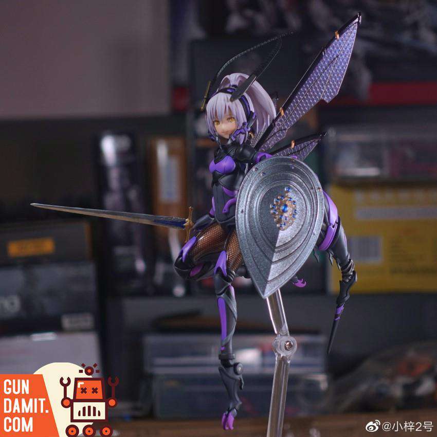 Snail Shell 1/12 Argidae Girl San-Ye figure with sword and shield in flight pose showing purple and black insect armor with translucent wings Snail Shell 1/12 Argidae Girl San-Ye figure with sword and shield in flight pose showing purple and black insect armor with translucent wings