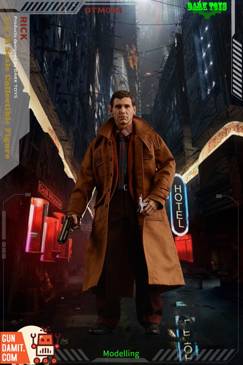 DARK TOYS Blade Runner Rick figure action pose with blaster in noir lighting DARK TOYS Blade Runner Rick figure action pose with blaster in noir lighting