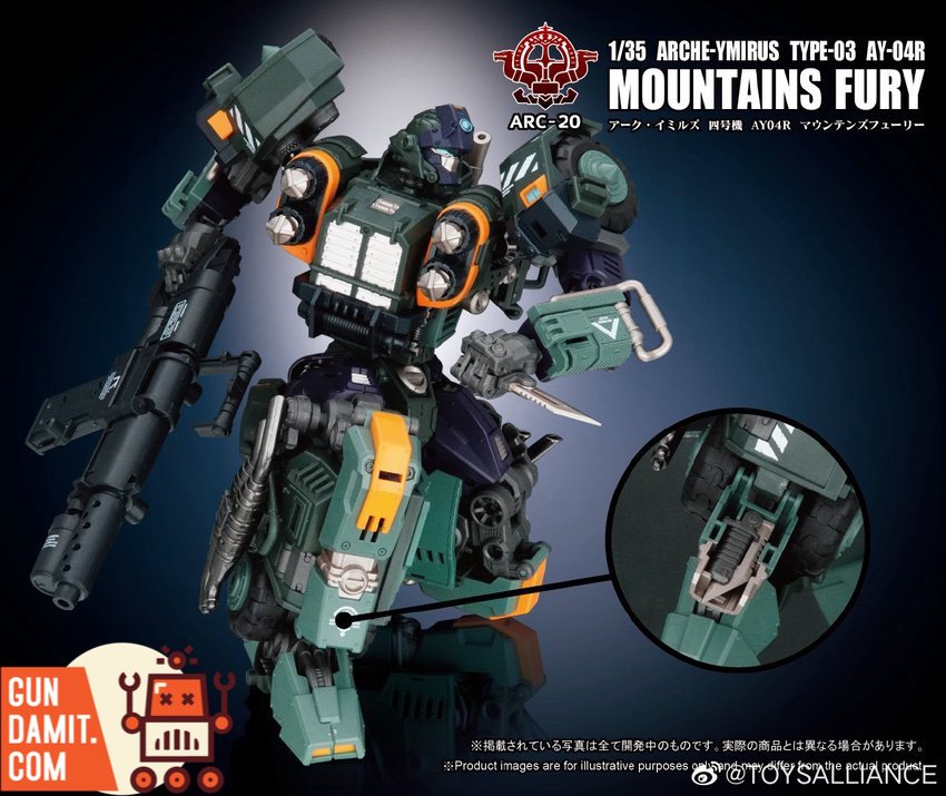 Toys Alliance Arche-Ymirus Mountains Fury close-up of upper body showing orange accent armor panels Toys Alliance Arche-Ymirus Mountains Fury close-up of upper body showing orange accent armor panels