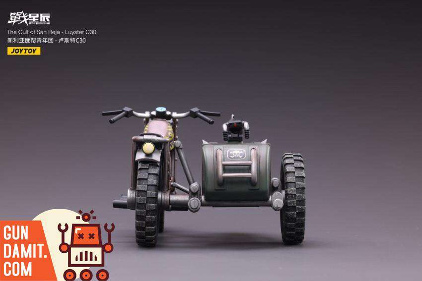 JoyToy 1/18 Luyster C30 sidecar motorcycle rear view showing twin wheels JoyToy 1/18 Luyster C30 sidecar motorcycle rear view showing twin wheels