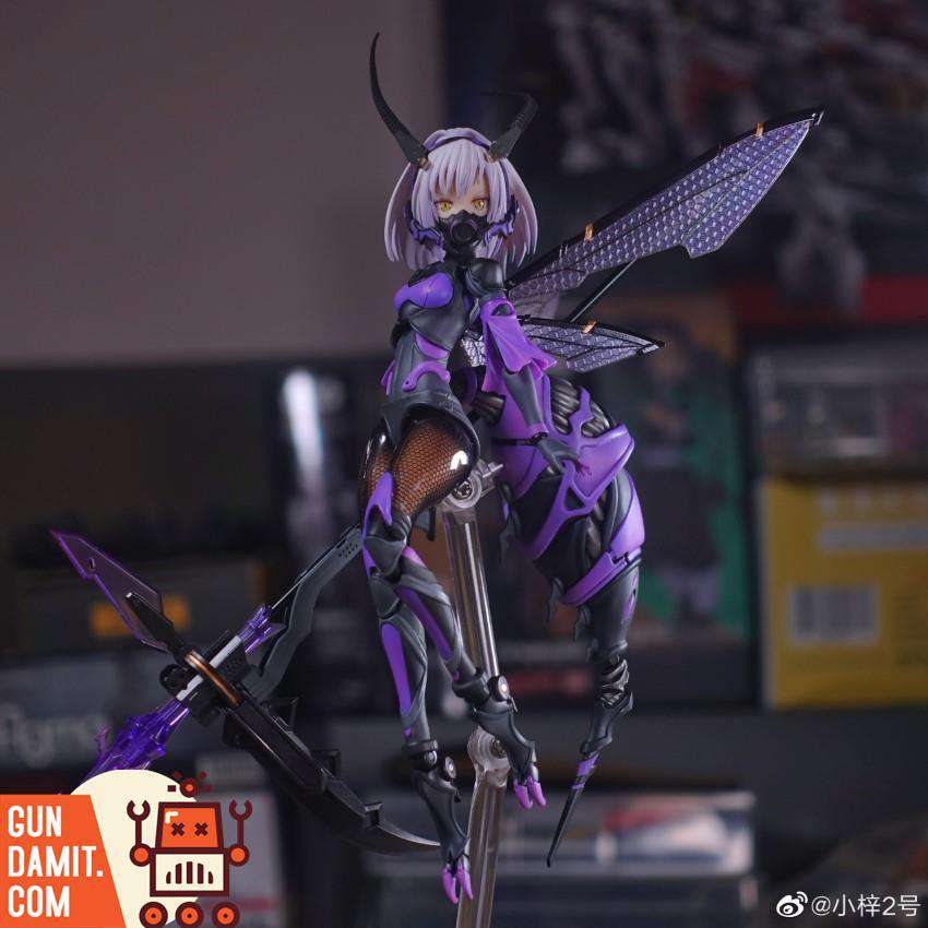 San-Ye insect mecha girl figure with gas mask and crossbow weapon in dynamic aerial pose with spread purple wings San-Ye insect mecha girl figure with gas mask and crossbow weapon in dynamic aerial pose with spread purple wings