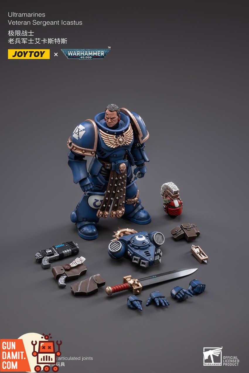 JoyToy Ultramarines Veteran Sergeant Icastus side angle showing full armor detail JoyToy Ultramarines Veteran Sergeant Icastus side angle showing full armor detail