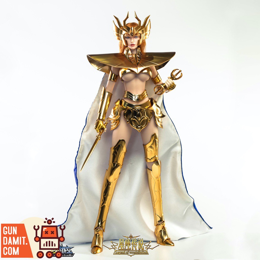 Sacred Studio 1/6 LCS001 Virgo Guardian Shi Lianhua Brilliant Version full body front view with golden armor and cape Sacred Studio 1/6 LCS001 Virgo Guardian Shi Lianhua Brilliant Version full body front view with golden armor and cape