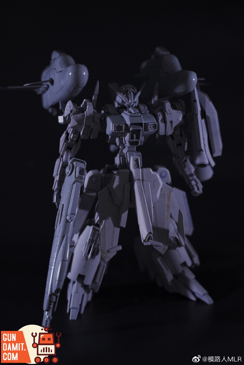 MLR XFV-001 mecha model kit three-quarter rear view showing thrusters and weapon systems MLR XFV-001 mecha model kit three-quarter rear view showing thrusters and weapon systems