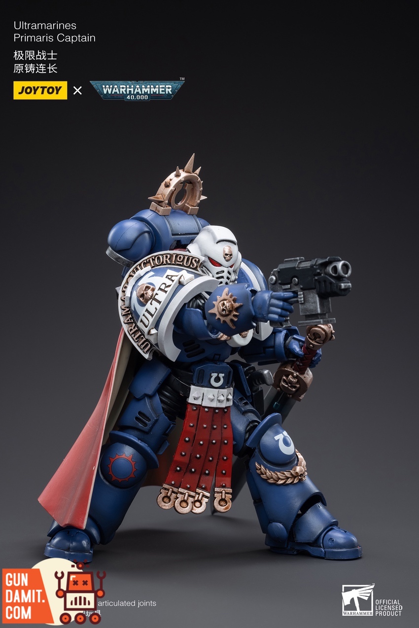 JoyToy 1/18 Ultramarines Primaris Captain three-quarter view showing chapter markings JoyToy 1/18 Ultramarines Primaris Captain three-quarter view showing chapter markings