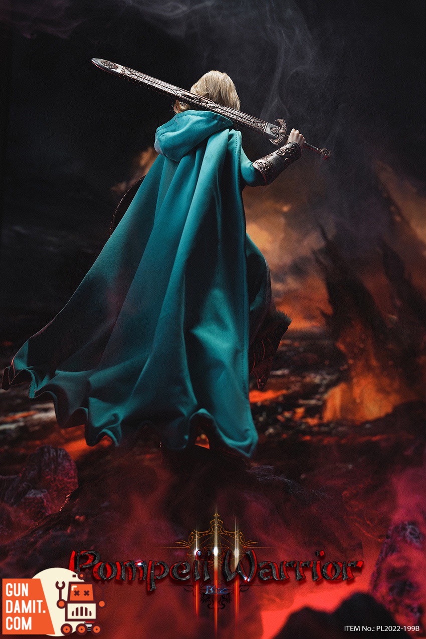 TBLeague PL2022-199B Pompeii Warrior Blue Version rear view with flowing teal cape TBLeague PL2022-199B Pompeii Warrior Blue Version rear view with flowing teal cape