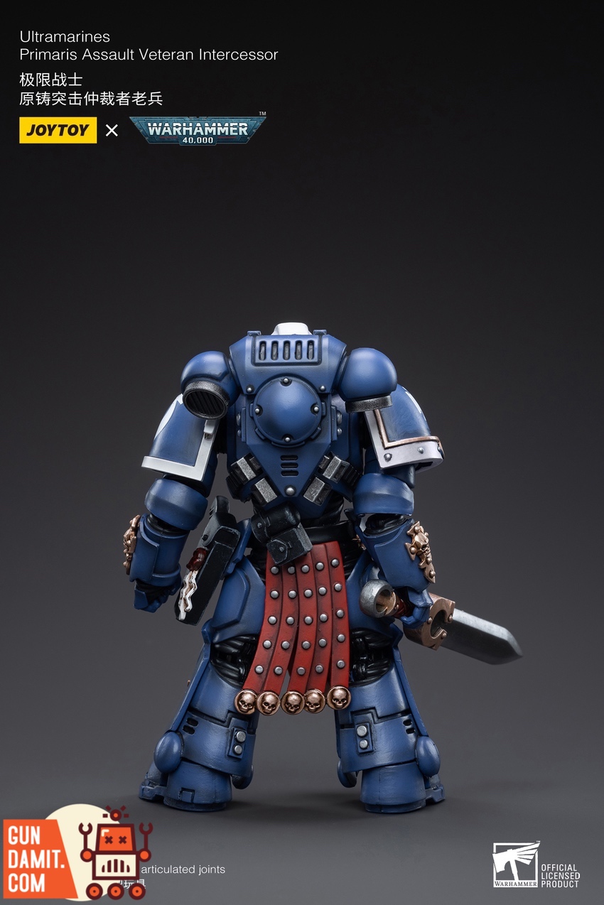 JoyToy 1/18 Ultramarines Assault Veteran Intercessor front view with power sword and skull trophies JoyToy 1/18 Ultramarines Assault Veteran Intercessor front view with power sword and skull trophies