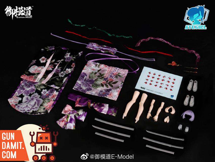 Eastern Model ATK Girl Yorya Kimono Set full accessories layout with purple floral kimono swords and parts Eastern Model ATK Girl Yorya Kimono Set full accessories layout with purple floral kimono swords and parts
