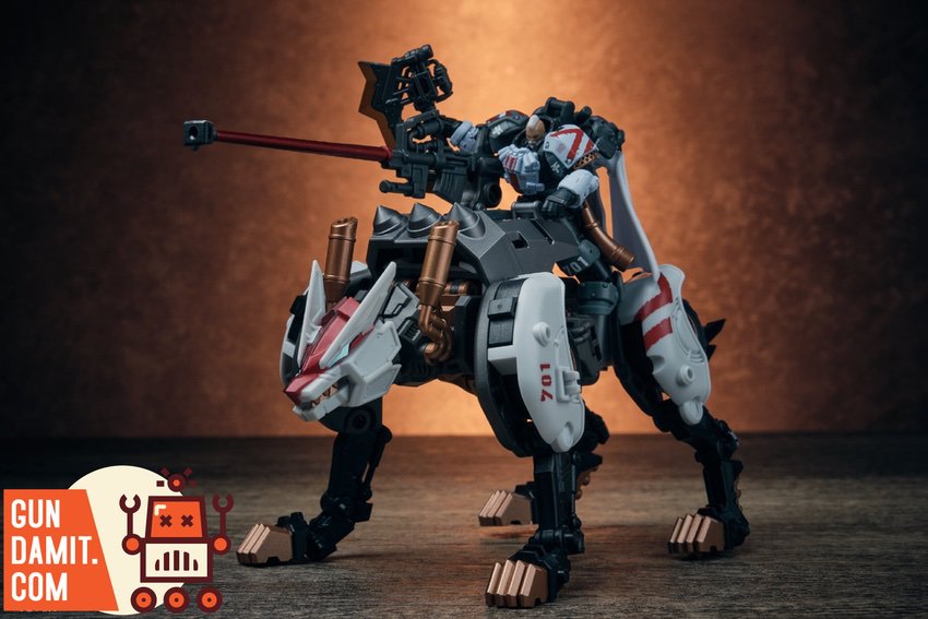 Full Armor Berserker riding white mech wolf beast with laser lance weapon equipped Full Armor Berserker riding white mech wolf beast with laser lance weapon equipped