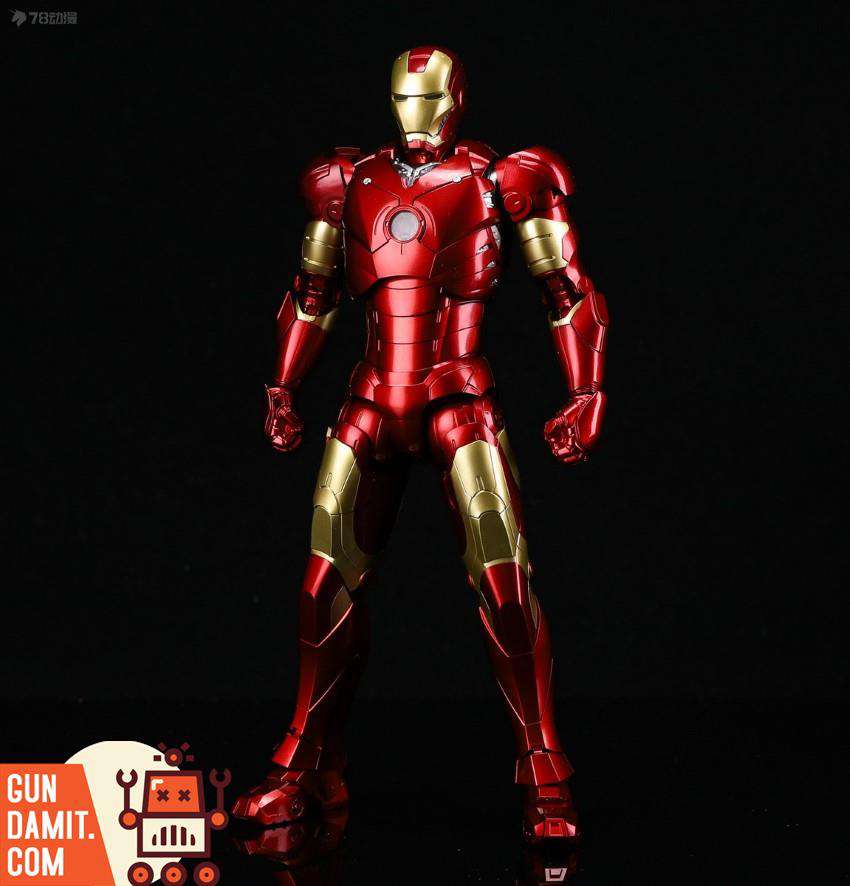 Threezero DLX Iron Man Mark 3 full body front view metallic red and gold Threezero DLX Iron Man Mark 3 full body front view metallic red and gold