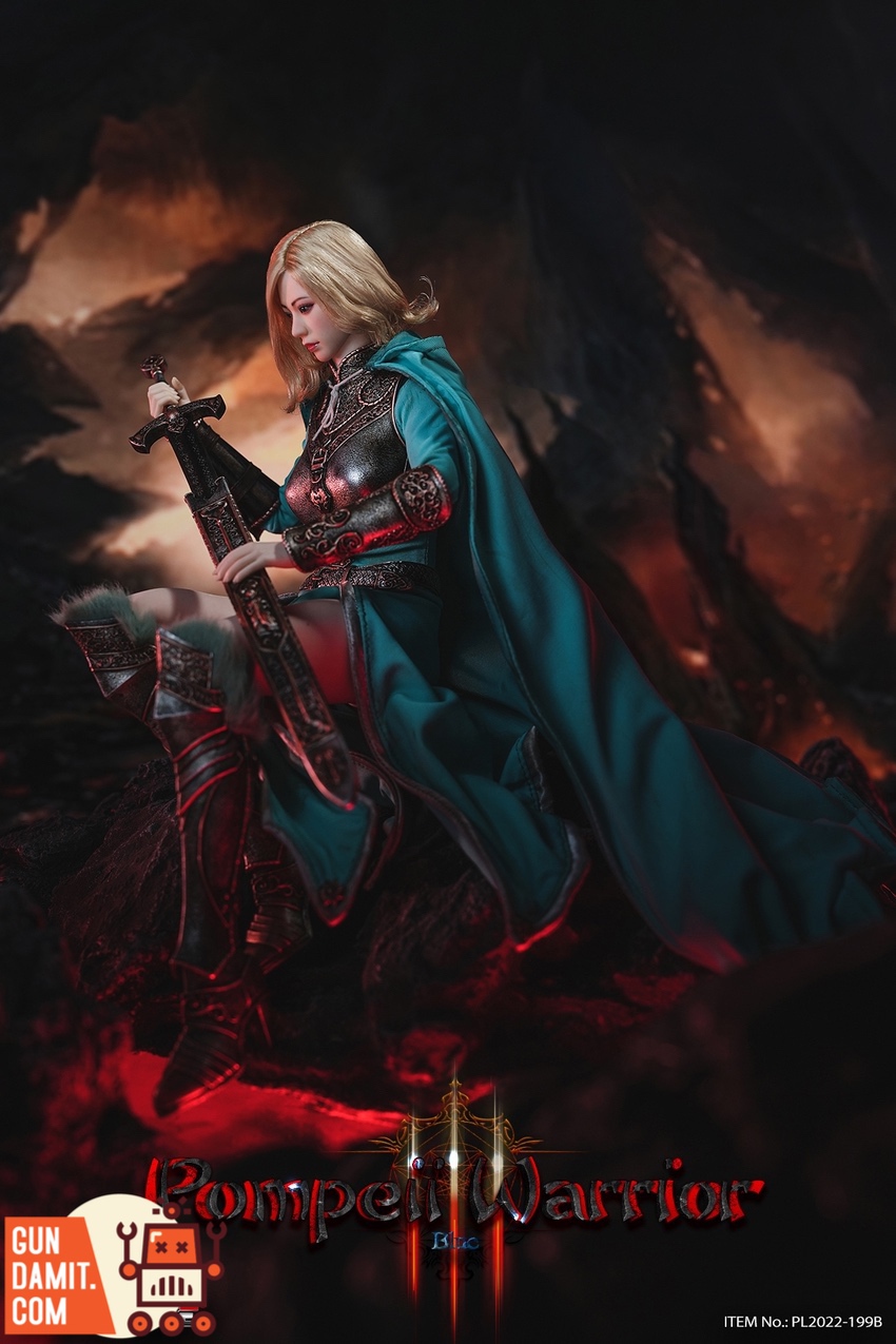 TBLeague PL2022-199B Pompeii Warrior Blue Version side view holding sword in teal cloak TBLeague PL2022-199B Pompeii Warrior Blue Version side view holding sword in teal cloak
