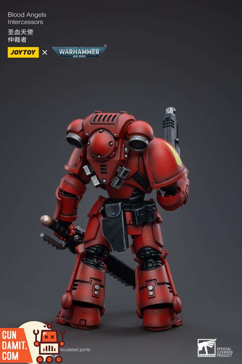 JoyToy Blood Angels Intercessor front view in red power armor with chainsword and bolt pistol JoyToy Blood Angels Intercessor front view in red power armor with chainsword and bolt pistol