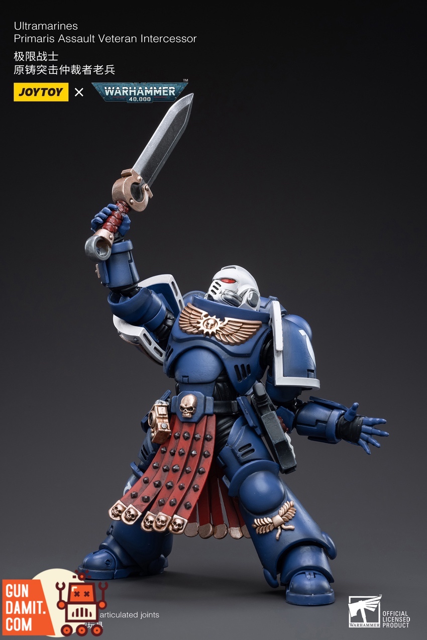 JoyToy 1/18 Ultramarines Assault Veteran Intercessor close-up torso and weapon detail JoyToy 1/18 Ultramarines Assault Veteran Intercessor close-up torso and weapon detail
