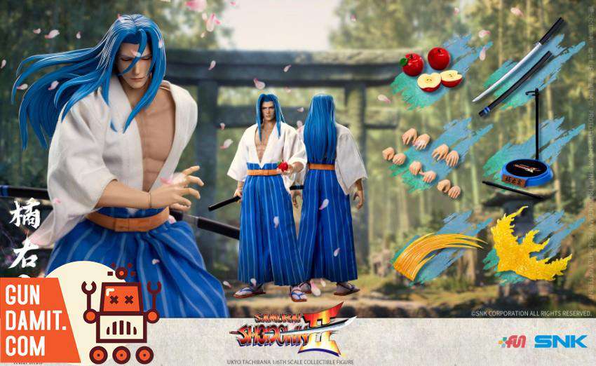 Ukyo Tachibana close-up on face sculpt with blue hair and temple background Ukyo Tachibana close-up on face sculpt with blue hair and temple background