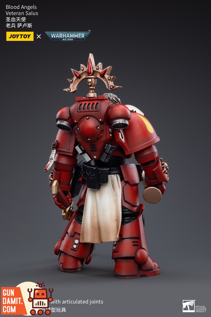 Blood Angels Veteran Salus rear view showing backpack and chapter markings Blood Angels Veteran Salus rear view showing backpack and chapter markings