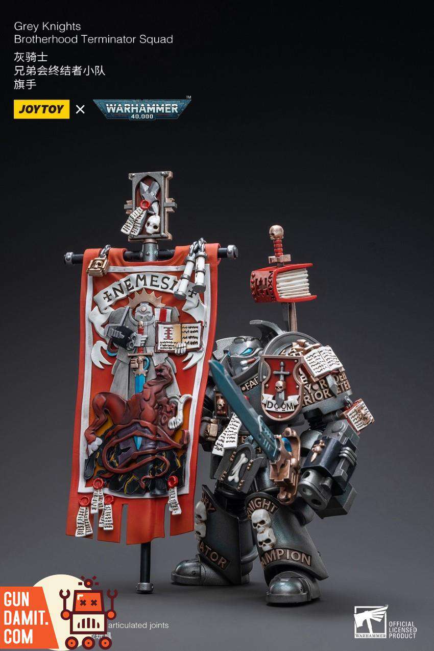 Grey Knights Terminator Flagman side view showing detailed silver armor and inscriptions Grey Knights Terminator Flagman side view showing detailed silver armor and inscriptions