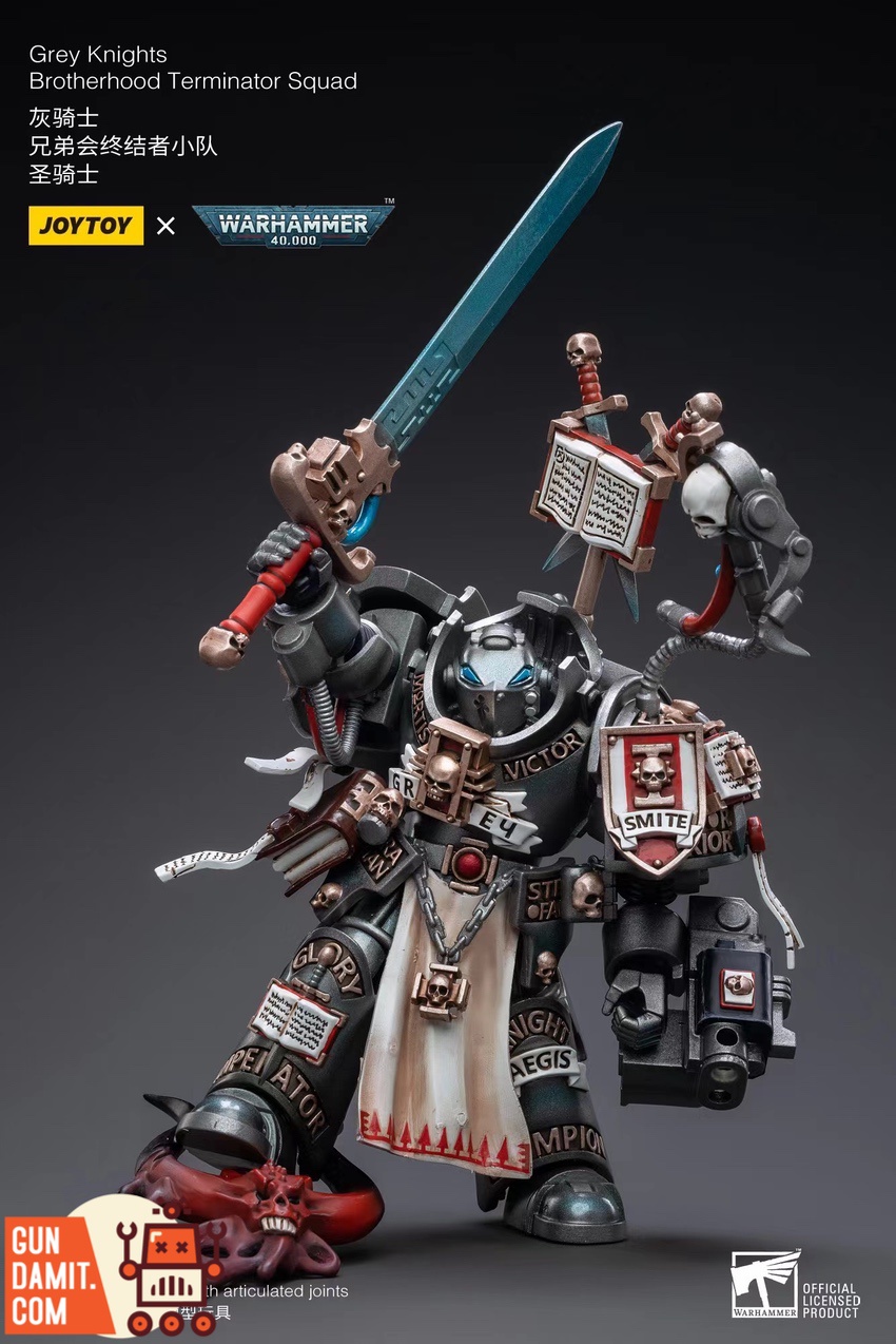 JoyToy WH40K Grey Knights Paladin close-up on helmet and shoulder pad details JoyToy WH40K Grey Knights Paladin close-up on helmet and shoulder pad details
