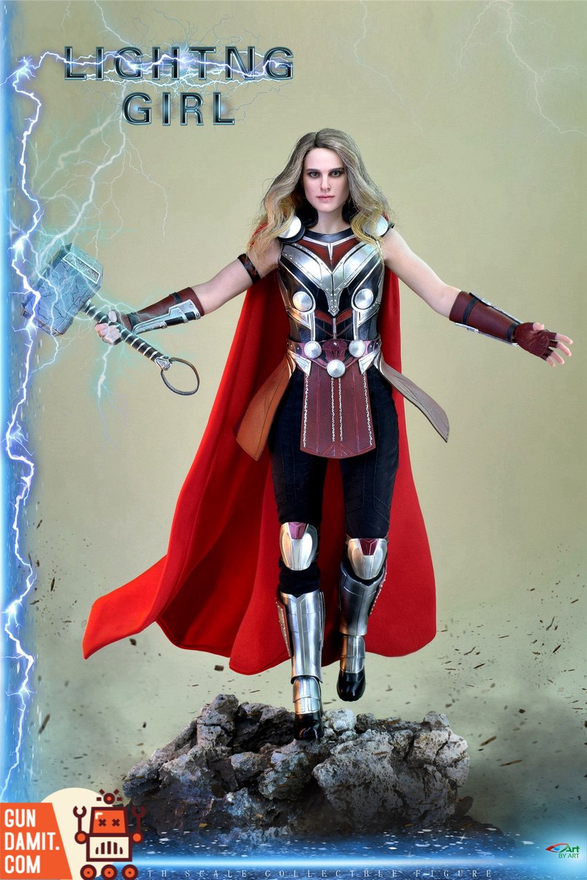 By Art 1/6 BY-019 Lighting Girl full body with Mjolnir hammer and red cape on rock base By Art 1/6 BY-019 Lighting Girl full body with Mjolnir hammer and red cape on rock base